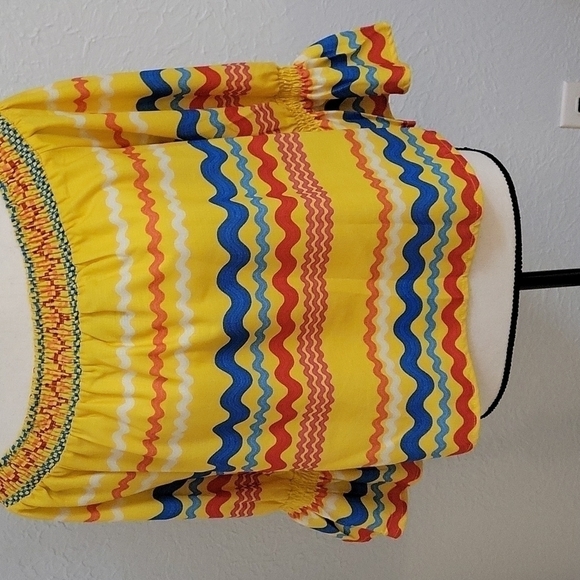Flying TOMATO Retro Rainbow Striped Off Shoulder Peasant Fiesta Crop Top - Picture 4 of 7